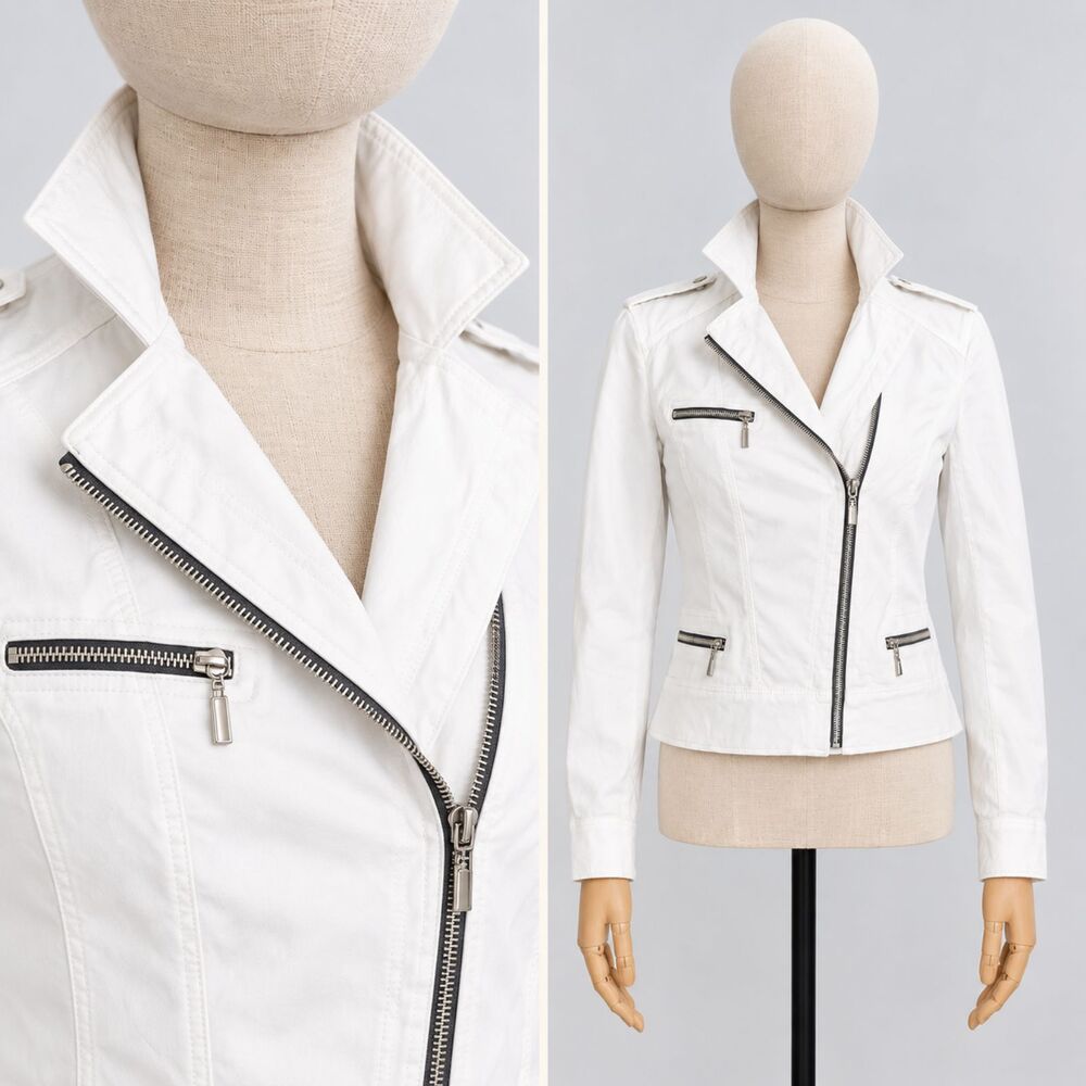 White Zippered Moto Jacket Women’s Biker Coat Lightweight Casual Fall Size 6